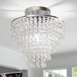 11.8"  Chandelier Chrome Flush Mount Ceiling Light 5 Tiers Raindrops  Chandeliers for Bedroom Hallway Living Room,E26 Base