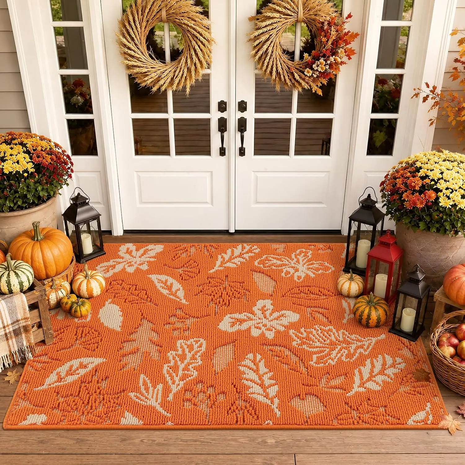 [Back to school] HEBE Washable Flat Weave Indoor Doormat, Washable Muddy Mats for Pets, Absorbent Maple Leaves Entrance Welcome Mat, Non-Slip Rubber Backed Runner Carpet for Entryway, All-Surface Doormats, Dorm Essentials, Home Decor, Home Essentials
