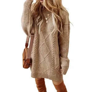 Mntaor Women's Casual Elegant Cable Knit Drop Shoulder Loose Fit Sweater Dress - Long Sleeve, Above Knee, Plain Pattern, 100% Polyester, Winteroutfit Womenswear Knitwear