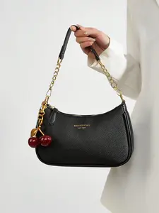 Minimalist Black Cherry Charm Hobo Bag, Versatile 2-Way Shoulder & Crossbody Purse