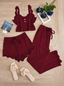 Women's Solid Crop Tank Top & Lace Trim Shorts & Panty Three-Piece Set, Casual Comfy Pyjama Set for Women, Women's Sleepwear for All Seasons, Loungewear, Pajamas