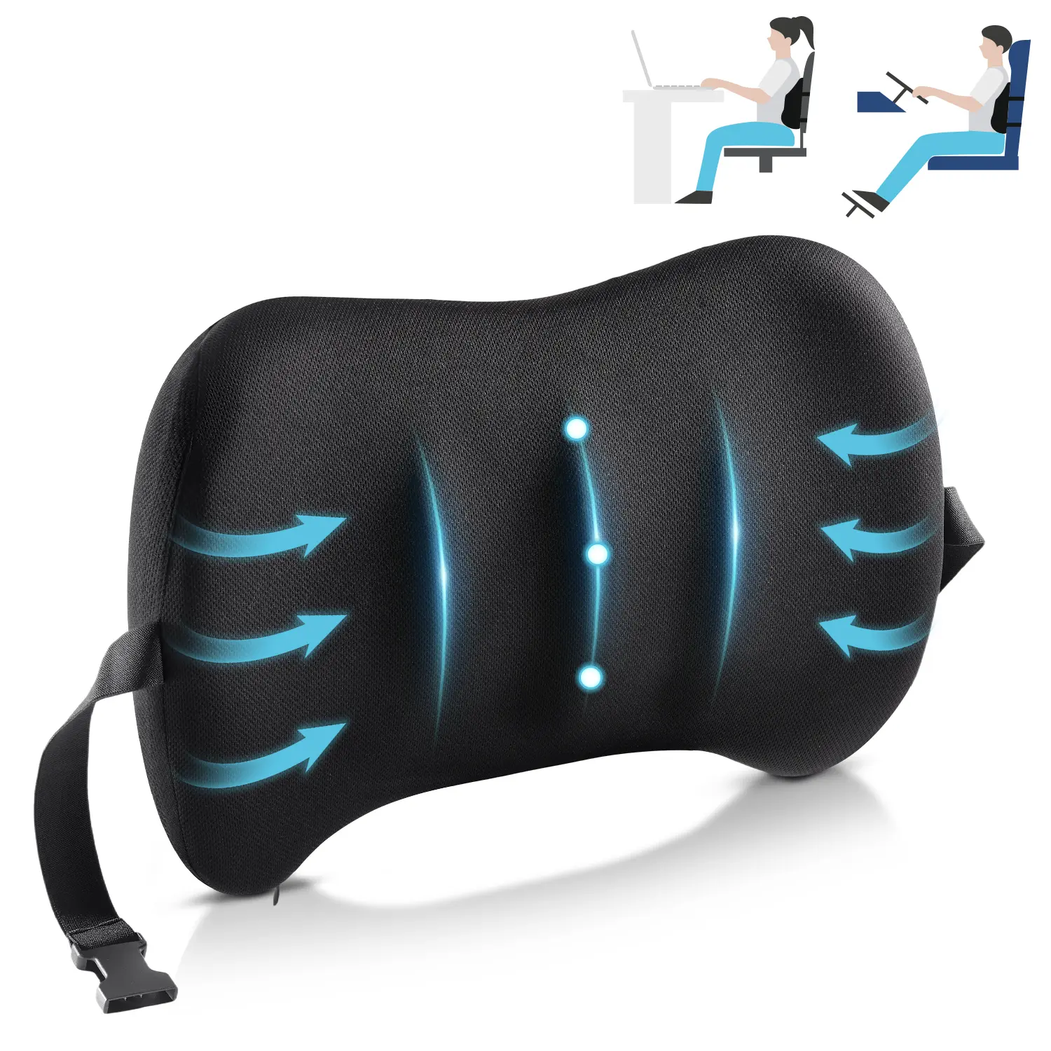 【Summerwins】Lumbar Support Pillow for Car Seat and Office Chair, Memory Foam Back Cushion with Breathable Cover and Adjustable Straps for Driving, Ergonomic Orthopedic Back Rest Lower Back Support, Office Home Essentials