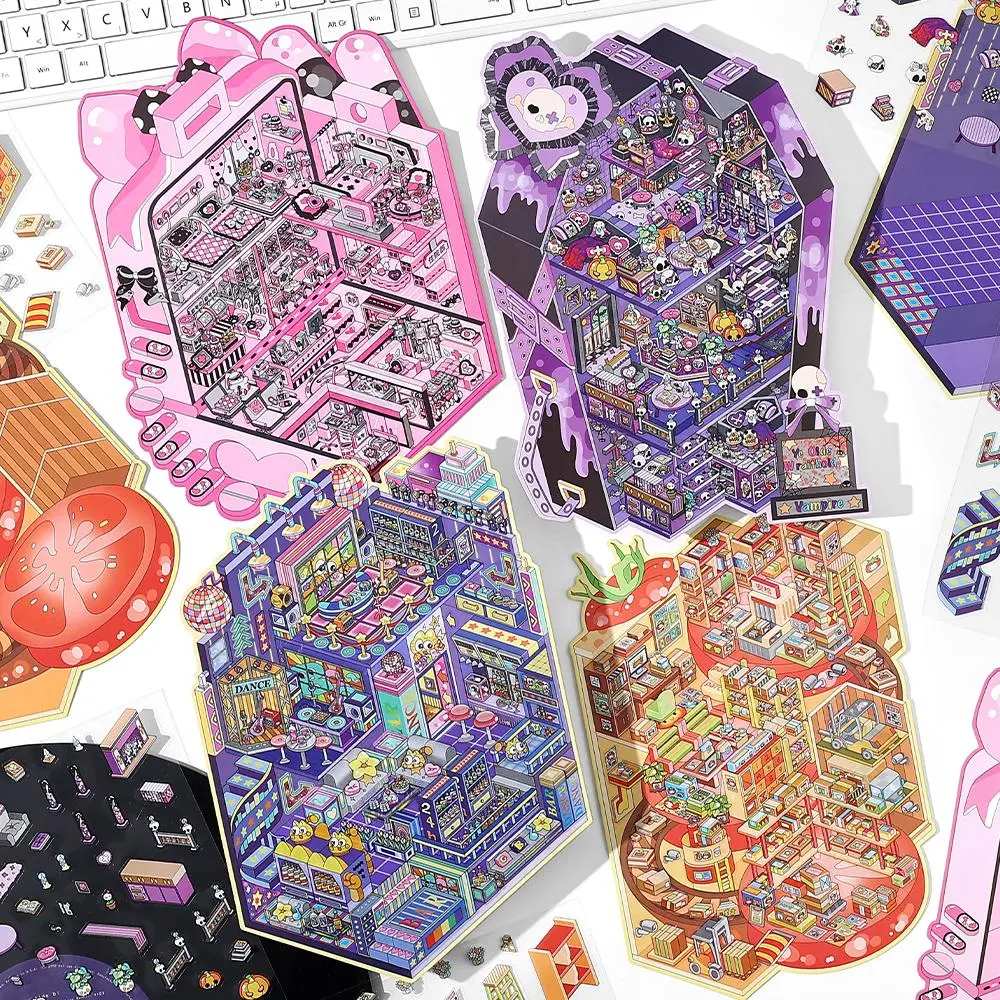 Miniature Building Sticker, 4 Sheets/bag Miniature Building Sticker, DIY Decorative Sticker for Scrapbooking, Journaling, Gift Wrapping, Sticker Set, Sticker Packs