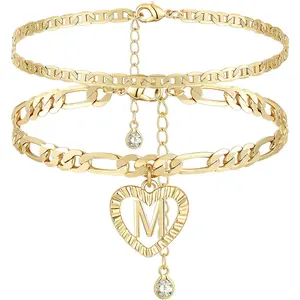 Initial Ankle Bracelets for Women 14K Gold Plated Layered Figaro Chain Letter Initial Anklets Handmade Layered Heart Ankle Bracelets Personalized Gifts for Women