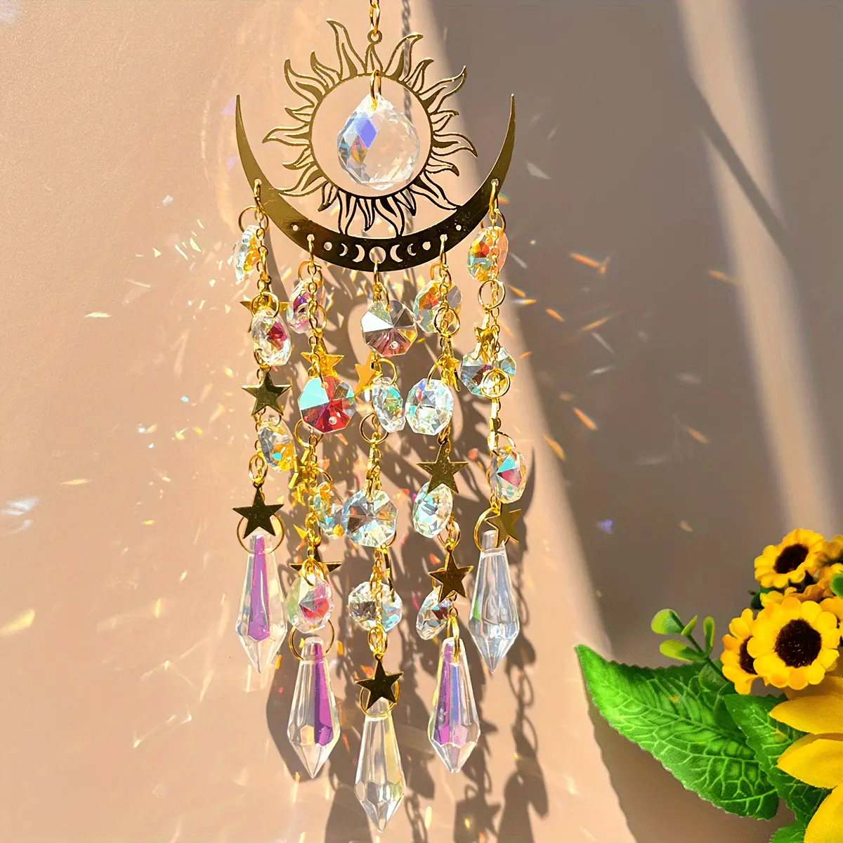FreeSpirit 1pc Bohemian Glass-Iron Moon Crystal Suncatcher Wind Chime - Hangable Rainbow Prism Pendant, Thanksgiving Decoration, No-Electricity Home Window Decor Gift