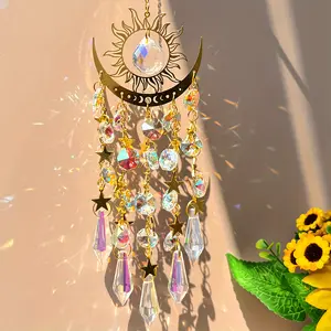FreeSpirit Crystal Suncatchers, Crystal Suncatcher Wind Chime - Bohemian Glass Iron Moon Sun Catcher, Thanksgiving Decor, Hanging Rainbow Prism Pendant, No-Electricity Home Window Decor Gift, 1pc