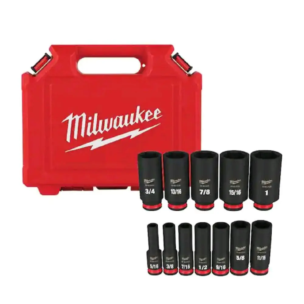 Milwaukee 3/8 in. Drive Impact Socket Set, 6-Point Deep Well Design, 12-Piece, Enhanced Torque Transfer, for Deep Well Tasks & DIY Enthusiasts