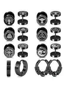 Viking Style Graphic Earrings, Stainless Steel Norse Viking Stud Earrings, Fake Gauges Plug, Huggie Hoop Mens Earrings, Fashion Jewelry Accessories for Men, Stainless Steel Hoops
