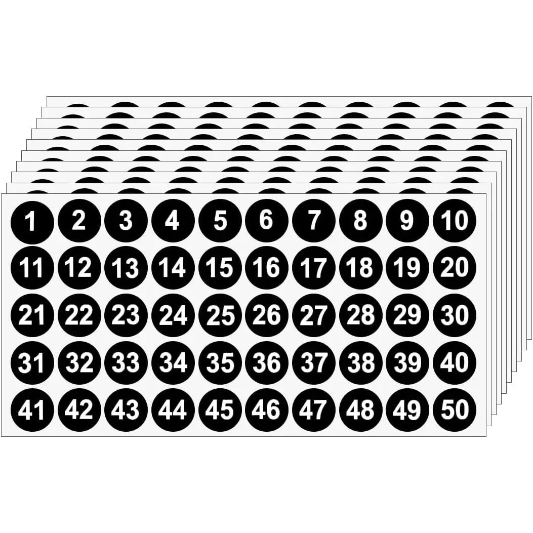 20 Sheets 1 to 50 Vinyl Small Round Labels Consecutive Number Stickers  Adhesive Inventory Stickers for Storage Box, Indoor Outdoor, Office & School Supplies