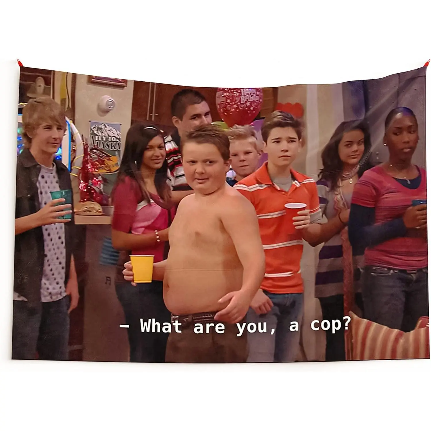 Gibby "What Are You, A Cop?" Cartoon Character Meme Art Tapestry Wall Decor, 30in x 40in Soft High-Definition Synthetic Flag, 40in-90in Sizes, Hand Washable Everyday Home Decor Gift for College Dorms