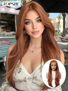 13×6 Glueless Medium Length Layered Straight Ginger Reddish Brown 26 Inch Wig, Natural Realistic Dark Roots, Heat-Resistant Synthetic Lace Front Wig for Women, Beginner-Friendly