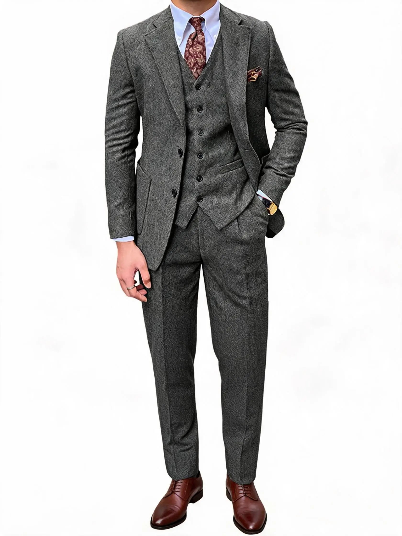 Men's Classic 3-Piece Tweed Herringbone Suit Set - 2-Button Long Sleeve Blazer, Vest, Pants - Formal Business Groom Outfit for Work, Casual Parties (Autumn New Arrival)