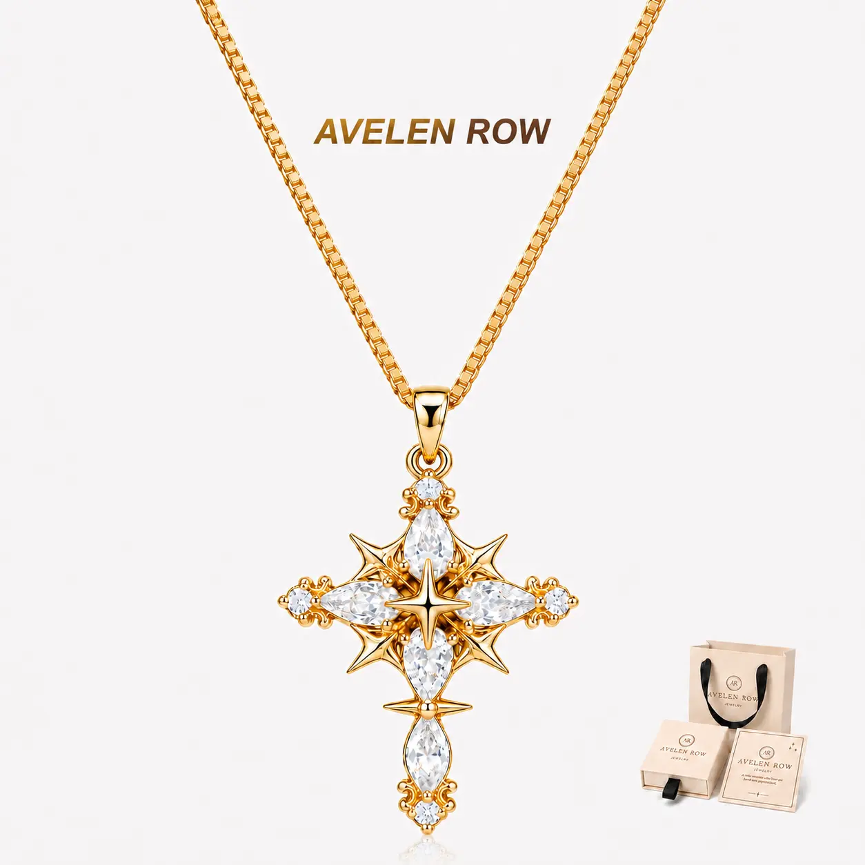 Gold-Tone Starburst Cross Necklace for Women with Gift Box, Sparkling Crystal Faith Jewelry Gift