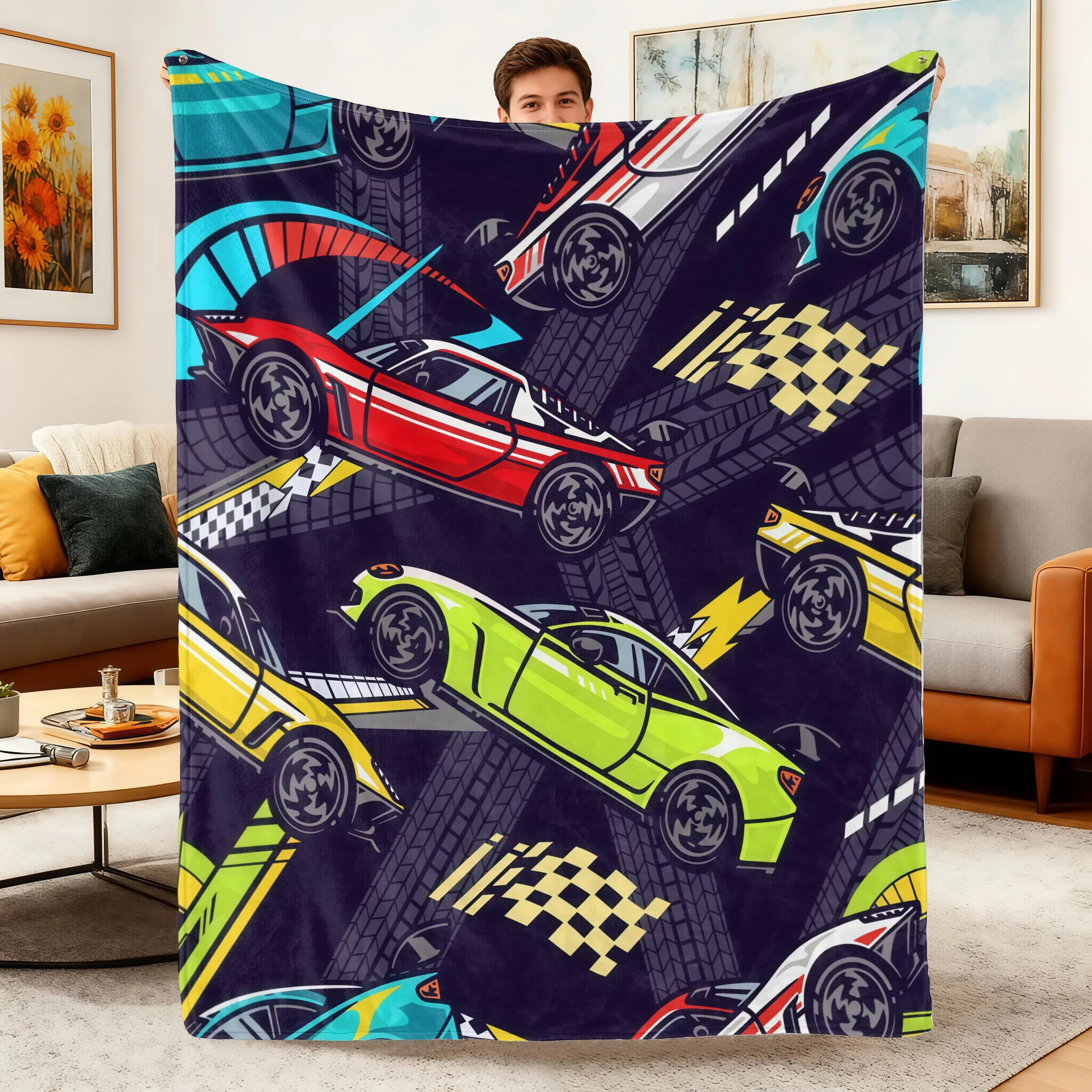 Comfortable Funny Cartoon Race Car Blanket Soft Flannel Throw Blanket,Sports Car Checkered Flag Print Cozy Blanket for Boys Kids Bed Couch Sofa,Birthday Gift