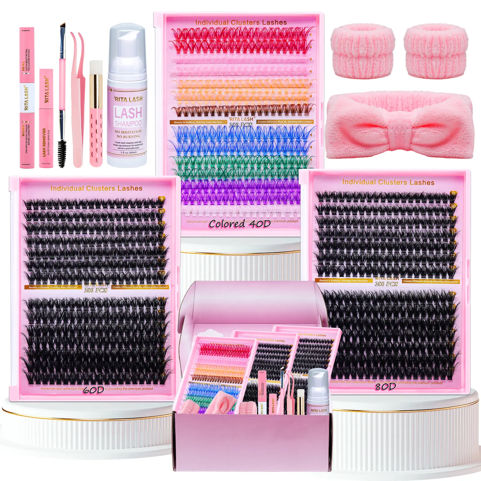 RITALASH 840Pcs Lash Clusters Kit Bulk Packs False Eyelash Extensions D Curl Wispy Individual Fake Eyelashes, Volume Studio Effect, Colorfued Individual Lashes, Wholesale Large Pack with Glue&Seal|Tweezers|Removers|Cleanser