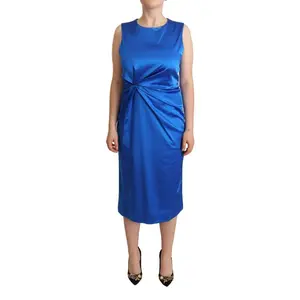 P.A.R.O.S.H. Blue Acetate Sleeveless Pleated Midi Sheath Dress