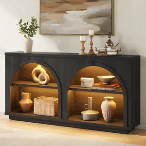 Sikaic Double Arched Console Table with LED Lights,Modern Entryway Table with Open Storage Shelves,Sofa Table Sideboard for Living Room & Hallway,Matte Black