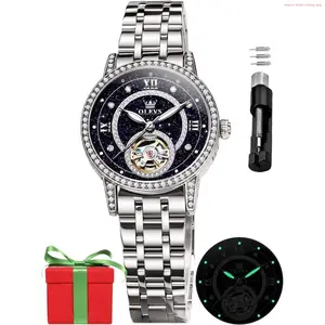Fashion Brand OLEVS Automatic Women's Watches Skeleton Starry Sky Ladies Watch Silver Rose Gold Mechanical Luxury Business Dress Diamond Luminous Waterproof Wrist Watches Watches