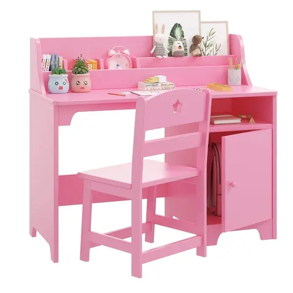 Garvee Kids Study Desk with Chair, Wooden Children Study Table, Kids Desk & Chair Sets with Hutch and Storage Cabinet for 3-12 Year Old, Student Writing Desk for Kids Bedroom & Study Room
