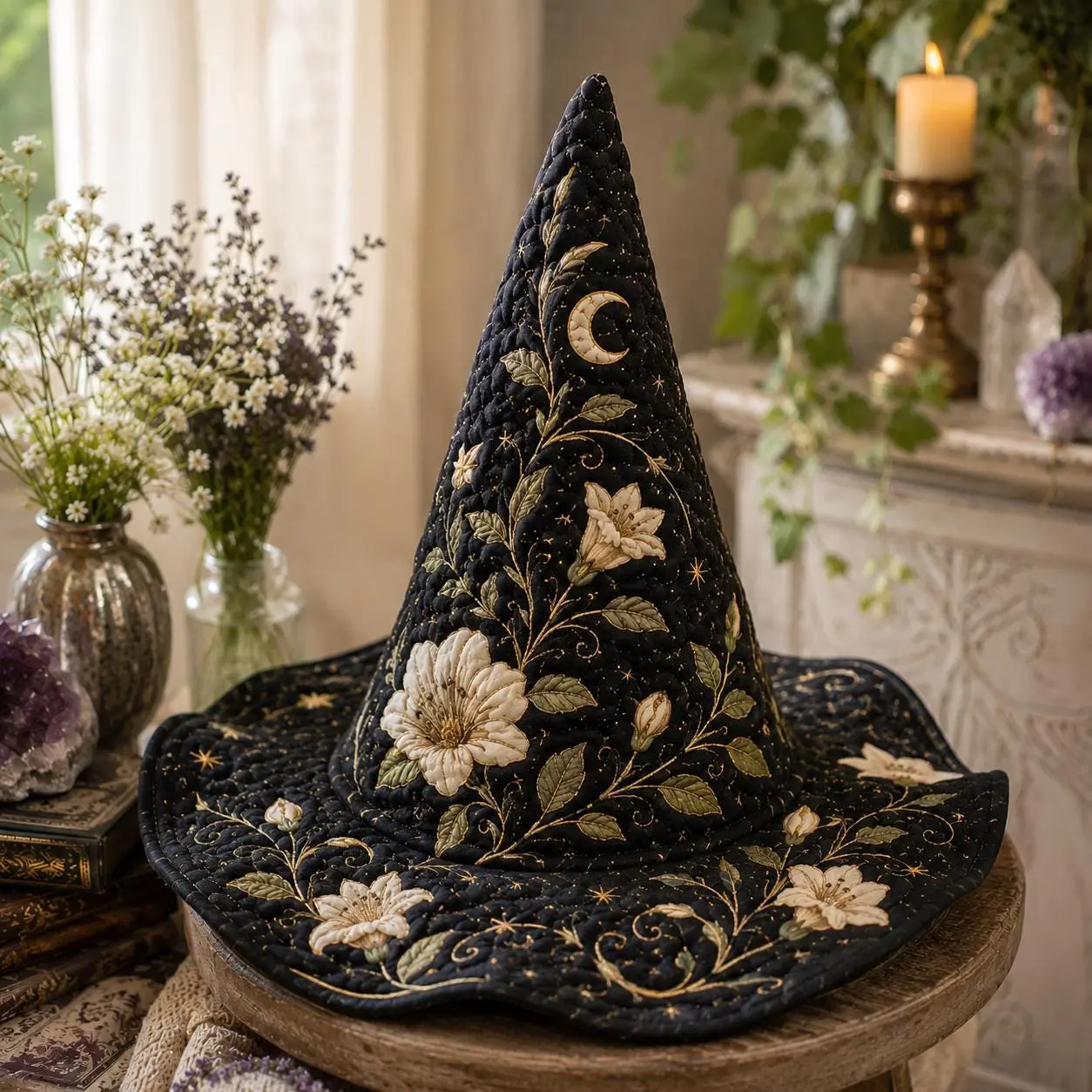 Quilted Witch Hat, Black Floral Moon Witch Hat, Elegant Celestial Halloween Decor, Gothic Cottagecore Costume Hat