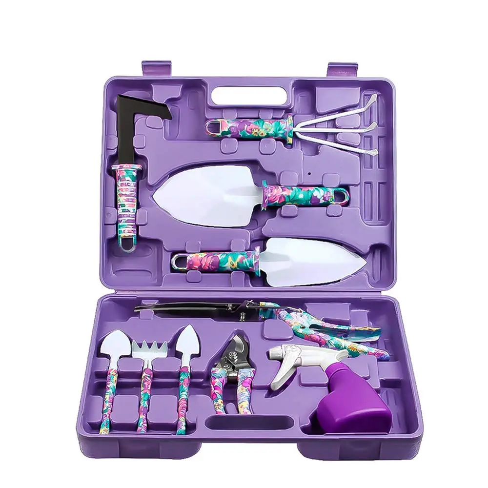 10-Piece Portable Garden Tool Kit with Flower Print - Includes Small Shovels, Scissors, Rake, Weed-Remover, Sprayer, Compact Storage Handbag Toolbox, Versatile Tools for Outdoor Vegetable Gardening, Soil Excavation