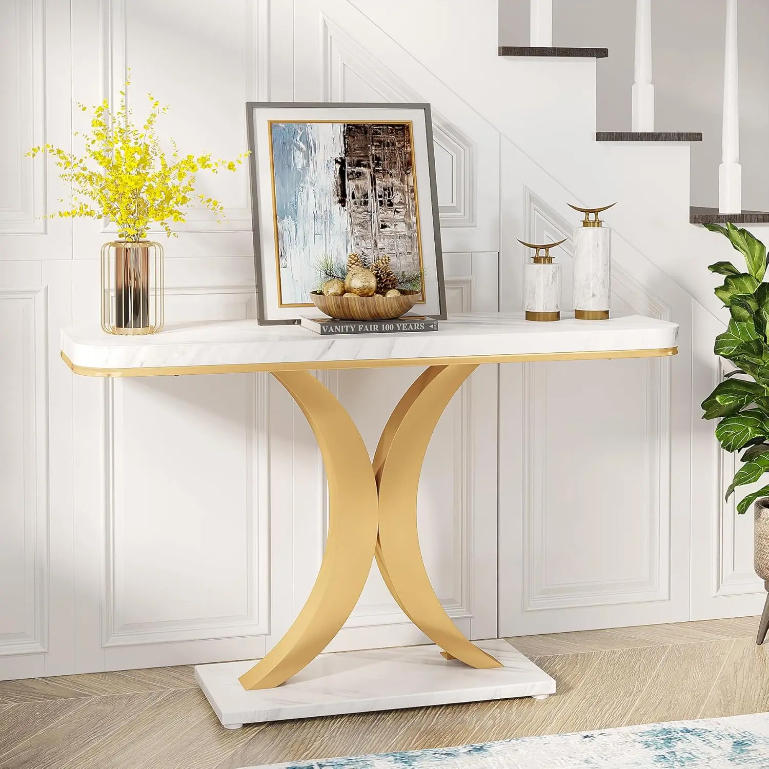 LITTLE TREE Modern Gold Console Table, 40 inch Narrow Entryway Foyer Table with Geometric Base, Rustic Hallway Accent Table for Living Room, Entrance