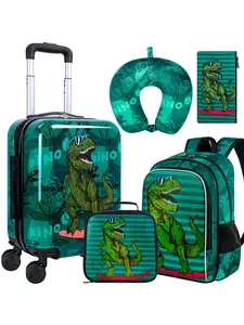 5Pcs Kids Suitcase Set for Boys, 16.5" Hardside Luggage with Spinner Wheels, Dinosaur Travel Carry on Luggage Airline Approved (Black), Backpack for School
