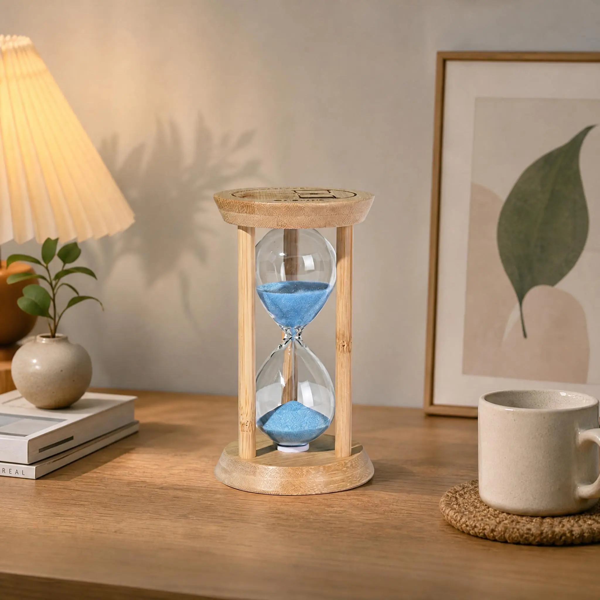Natural Bamboo-Wood 1-Minute Luminous Hourglass Timer with Glowing Sand, Anti-Fall Children's Home Decor Clock, Retro Creative Birthday Gift (Multiple Colors Including Blue)
