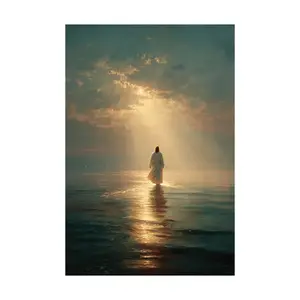 Jesus Walking on Water Canvas Painting Poster, Spiritual Wall Decor with Divine Light, Modern Christian Canvas Art, Ready to Hang Religious Artwork, Faith-Inspired Christian Gift for Home