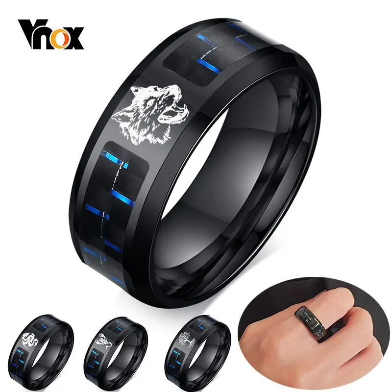 Vnox Men's 8mm Personalize Laser Engraved Wolf Dragon Bands Ring Black Stainless Steel with Carbon Fiber Custom Gifts Jewelry