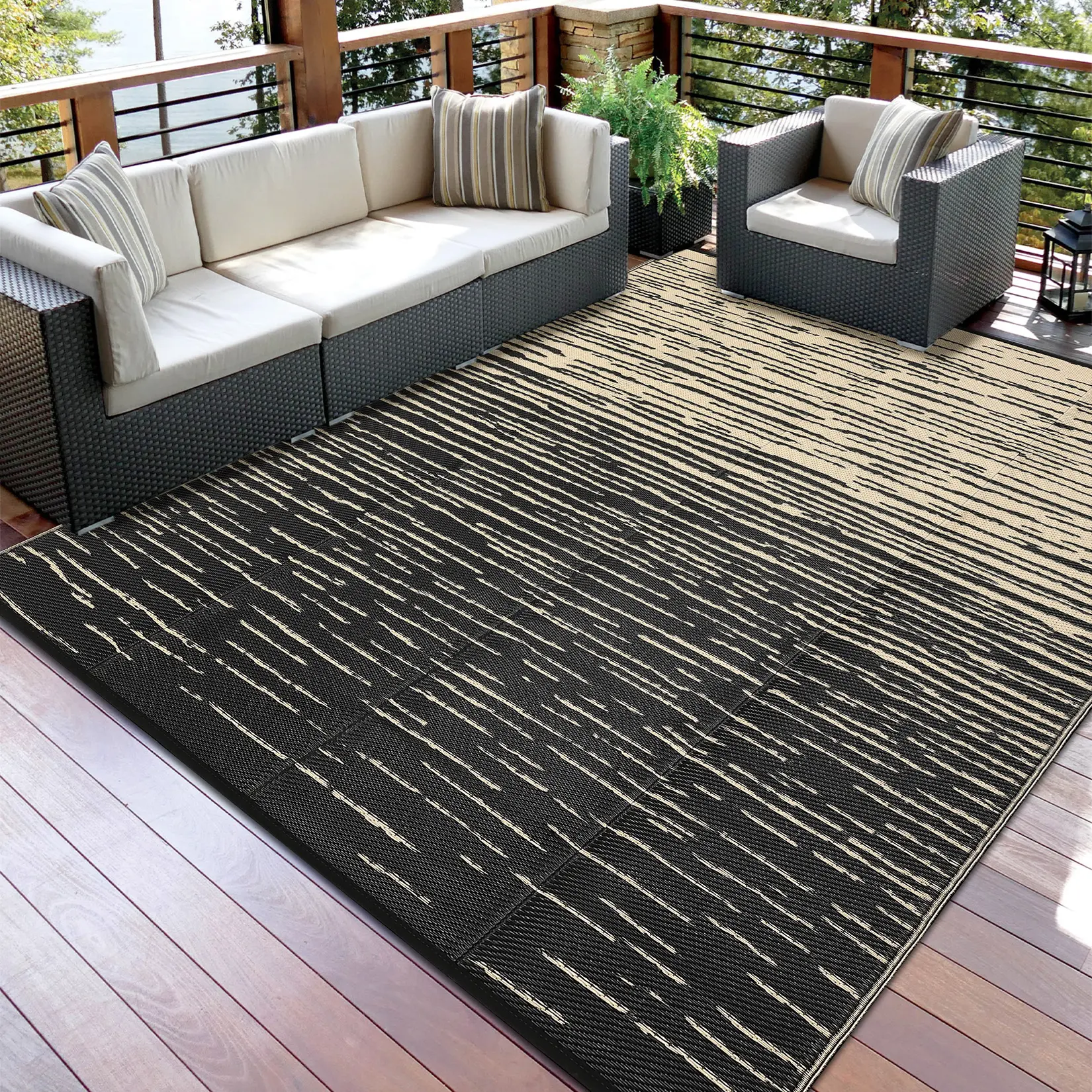 Double-Sided Modern Gradient Striped Outdoor Rug - Woven Plastic Straw Foldable Portable Anti-Mud Abstract Geometric Print Artistic Decorative Rug for Patio, Balcony, Beach, Abstract Geometric Print Outdoor Mats, Anti Mud Outdoor Mats