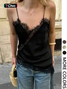 1 Piece Black Satin Lace Trim Cami Top, Spring Summer Fall All-Season Wear, French Style Sexy V-Neck Spaghetti Strap Sleeveless Camisole for Women, Womenswear, Y2K Streetwear, Slim Fit Layering Top for Going Out