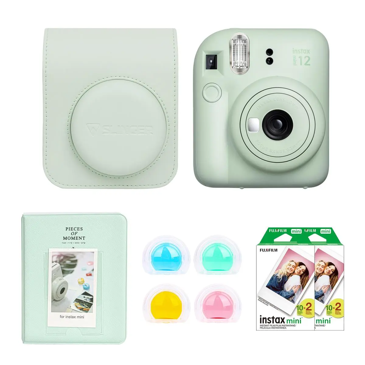 Fujifilm Instax Mini 12 Instant Film Camera, Mint Green Bundle with Instax Mini Custom Case, Accessory Kit and Daylight Film, 2x Twin Pack (40 Exposures) ISO 800