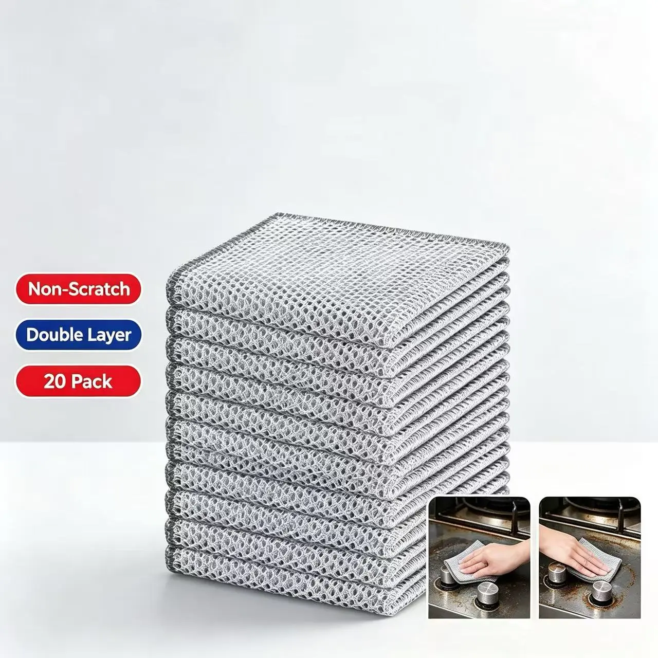 Double-layer steel wire mesh cleaning cloths, 20-pack — soft, won’t scratch pots; household dishcloths for kitchen stovetops, cookware, and sinks; stain-removing, wear-resistant, multifunctional cleaning cloths