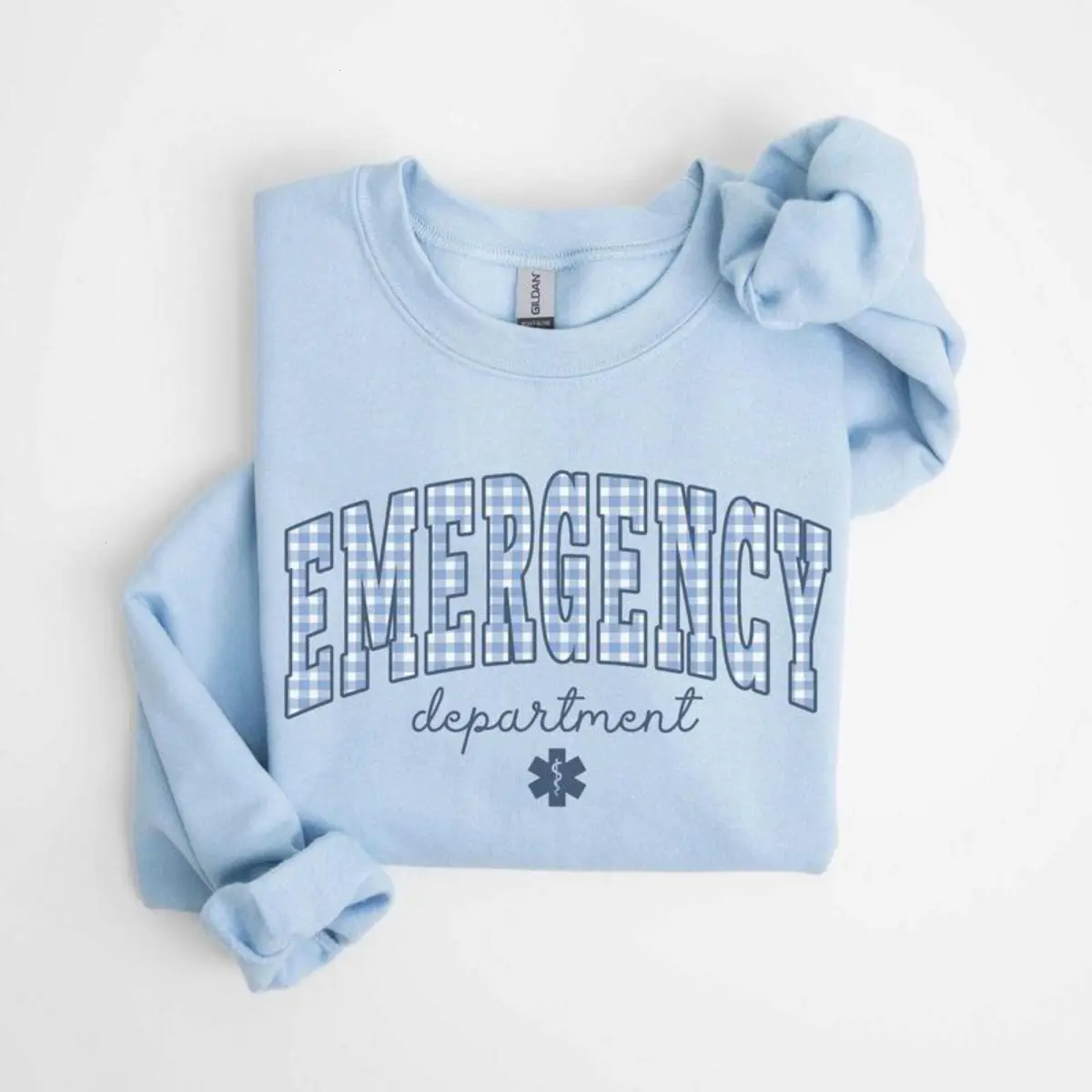 Emergency Department T-Shirt or Sweatshirt, ER Nurse Gingham Work T-Shirt, Emergency Room Shirt, Emergency Nurse, ER Tech, EMT Paramedic, Cotton Crewneck Fabric