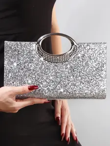 Women's Fashion Sequins Evening Bag, Sequin Finish, Silver Color & Options, Metal Hand Ring Shoulder Bag, Evening Clutch, Perfect for Weddings, Parties, Balls