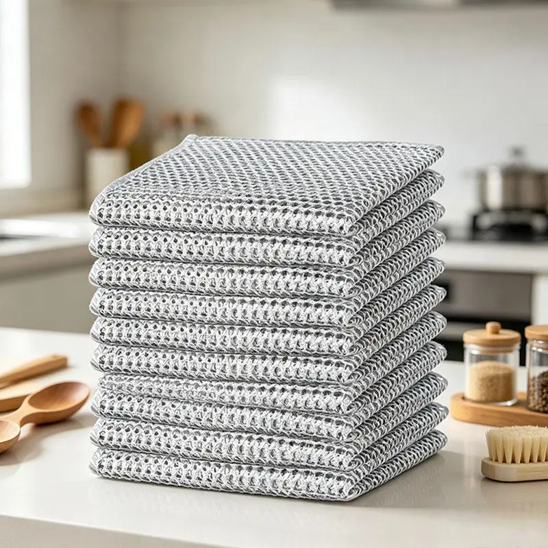 10 Counts 2-Layer Streak-Free Non-Scratch Wire Dishcloths, Multipurpose Metal Dishwashing Scrub Rags, Wet & Dry Kitchen Cleaning Tools