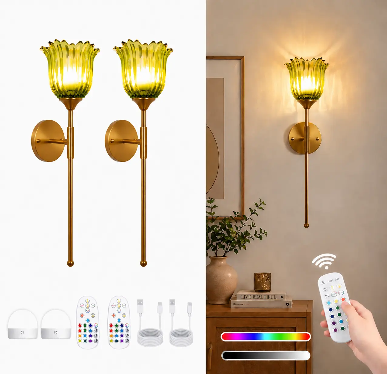 2-Pack Wireless Easy to Install Wall Sconces with Green Glass Shade Battery-Powered, Hardwired Indoor Wall Light Fixtures, Rechargeable RGB Magnetic Bulbs with Remote Control, 3 Temperatures for Living Room, Bedroom, Hallway, Dining Room