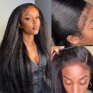 #SummerVibes Kisslove Hair 13x4 Lace Frontal Wig Kinky Straight Human Hair Wig With 4C Edges Natural Hairline Pre Plucked Glueless Wigs Wear & Go For Black Women
