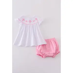 Pink cross embroider smocked bloomer set