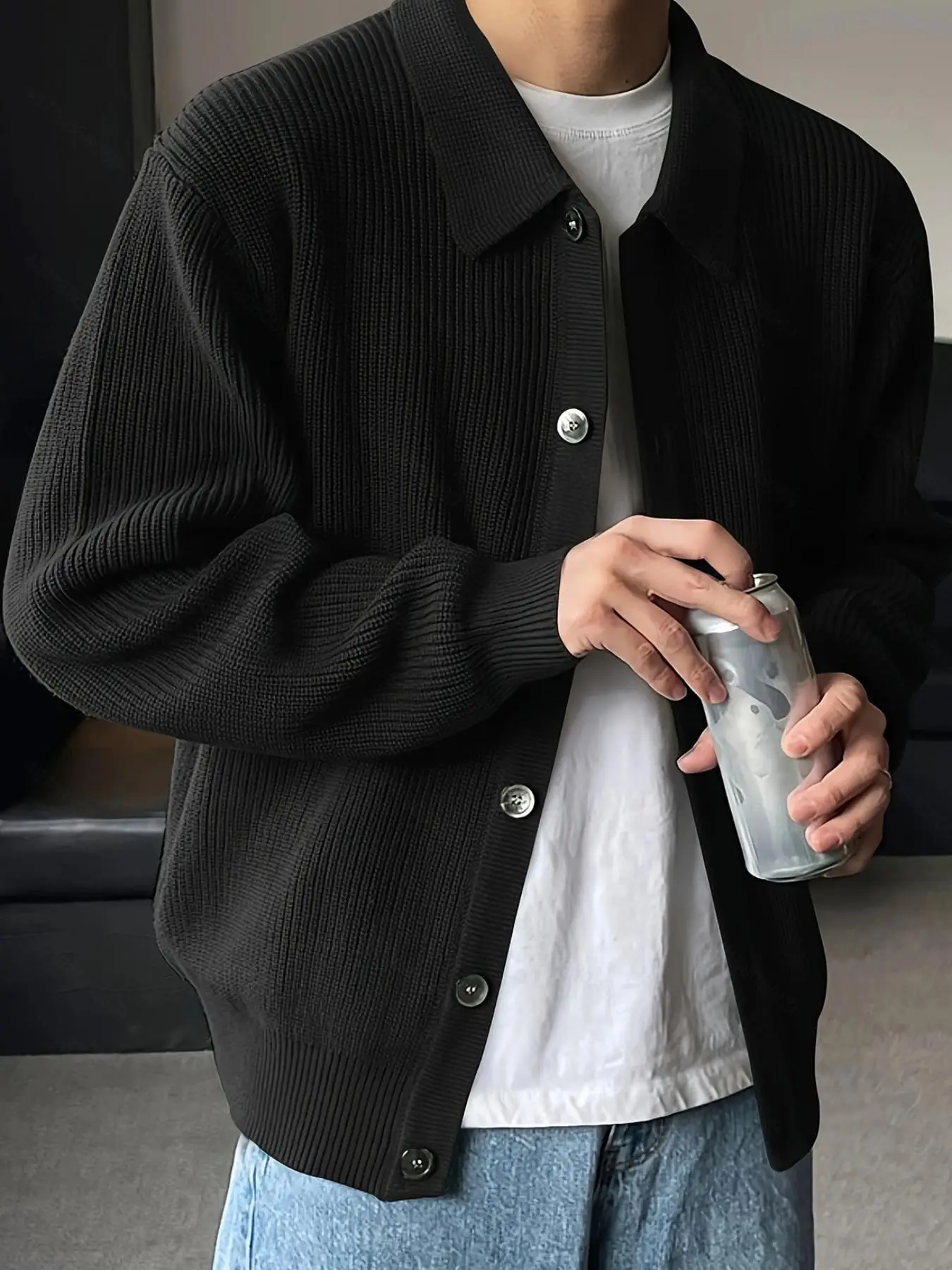 Men's Solid Button Front Cardigan, Loose Casual Long Sleeve Collar Knitwear for Daily Wear, Men's Knit Clothing for All Seasons