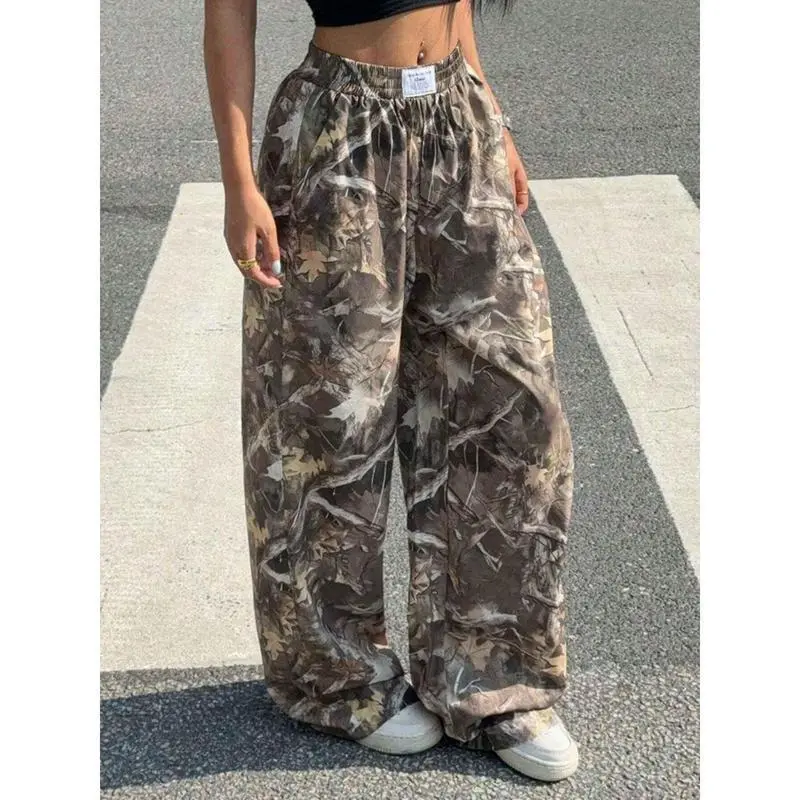 Women Withered Branches Maple Leaf High Waisted Wide Leg Camo Baggy Sweatpants  Drawstring Camouflage  Loose Cargo  Joggers with
