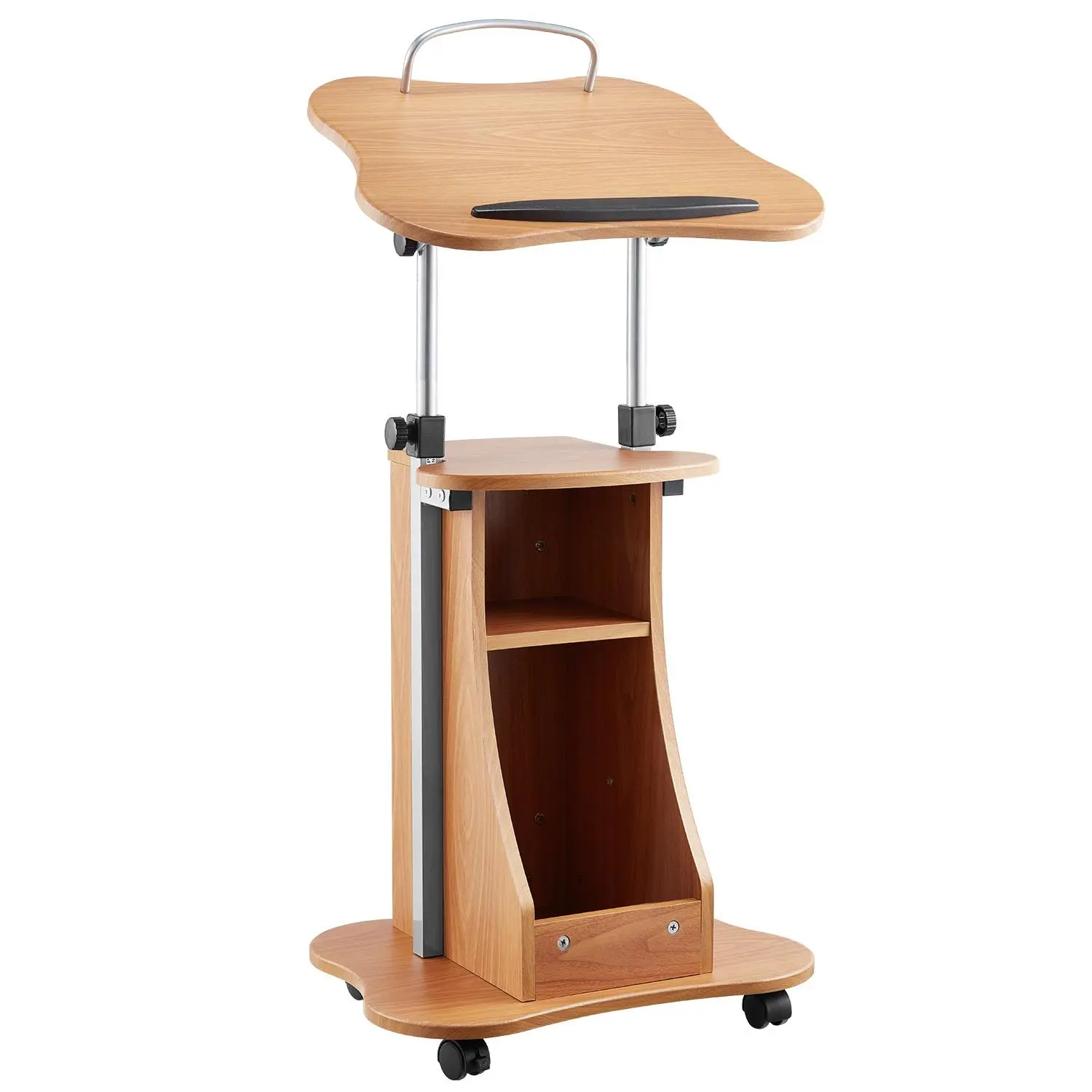 【DealsForYouDays】VEVOR Wooden Classroom Podium Stand for Teachers, 43-in Lectern with Dual Grips, 4 Lockable Wheels, 20.59 x 15.75 in Wide Reading Surface, Open Storage, Adjustable Height-Angle, Easy-Setup Portable Laptop Desk for Speeches