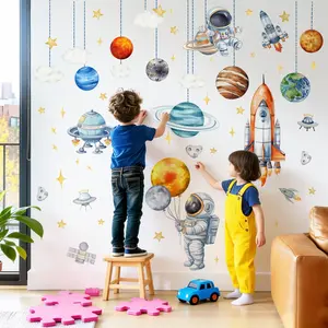 3Pcs/Set (3090cm3pcs) Cartoon Space Rocket UFO Decorative Wall Stickers, Wall Decor for Kids & Boys Room, Space Theme Decals