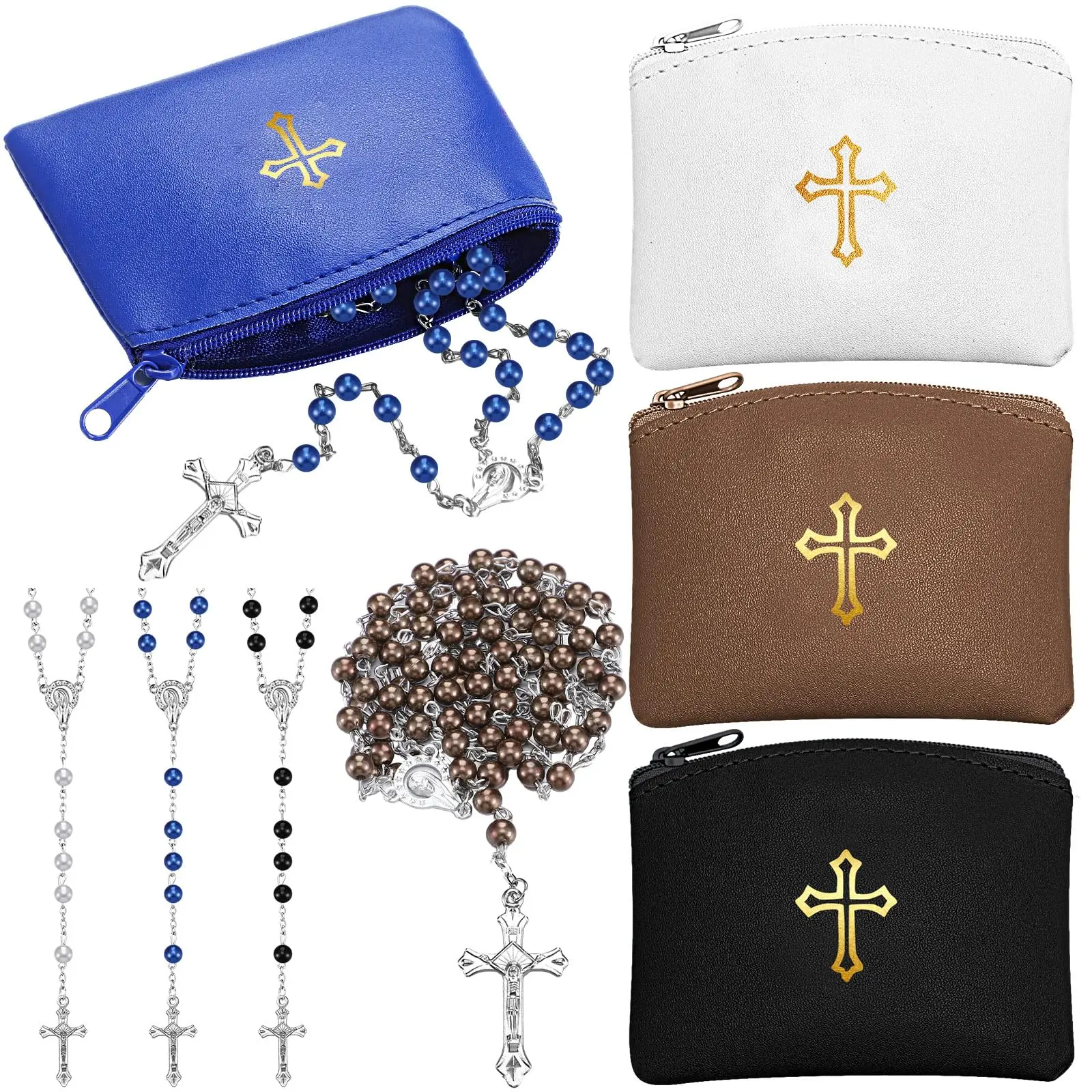 4 Sets Rosary Pouch with Rosary Beads/ 12 Pcs Empty Rosary Case for Christian Women Leather Rosary Bag with Cross Imprint Zipper Women's Portable Wallet Travel Bag Gift for Guests Women Mom Church Sunday School Feast of the Holy Cross Assumption Day