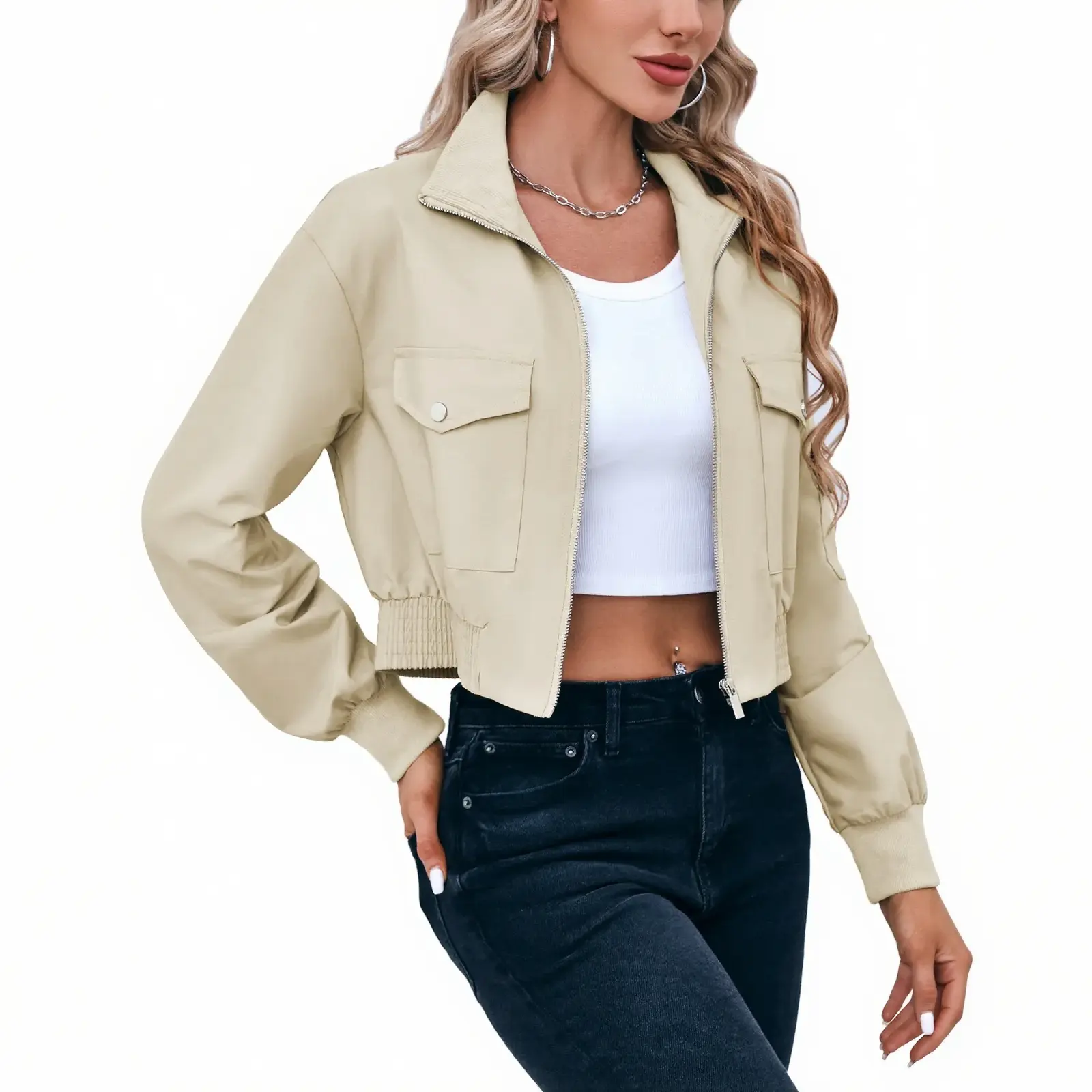 Women's Cropped Bomber Jackets Lightweight Zip Up Stand Collar Long Sleeve Short Jacket with Pockets