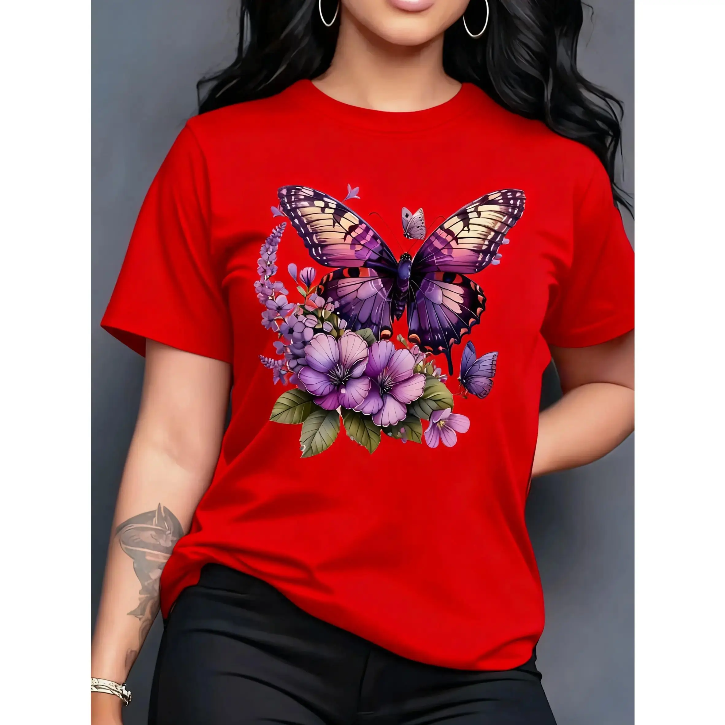 Unisex 100% Cotton Classic Fit Round Neck Short-Sleeve Sports Top - Butterfly Print, Floral Design, Seamless Sides, Streetwear, Casual Wear, Cold Wash, True-To-Size