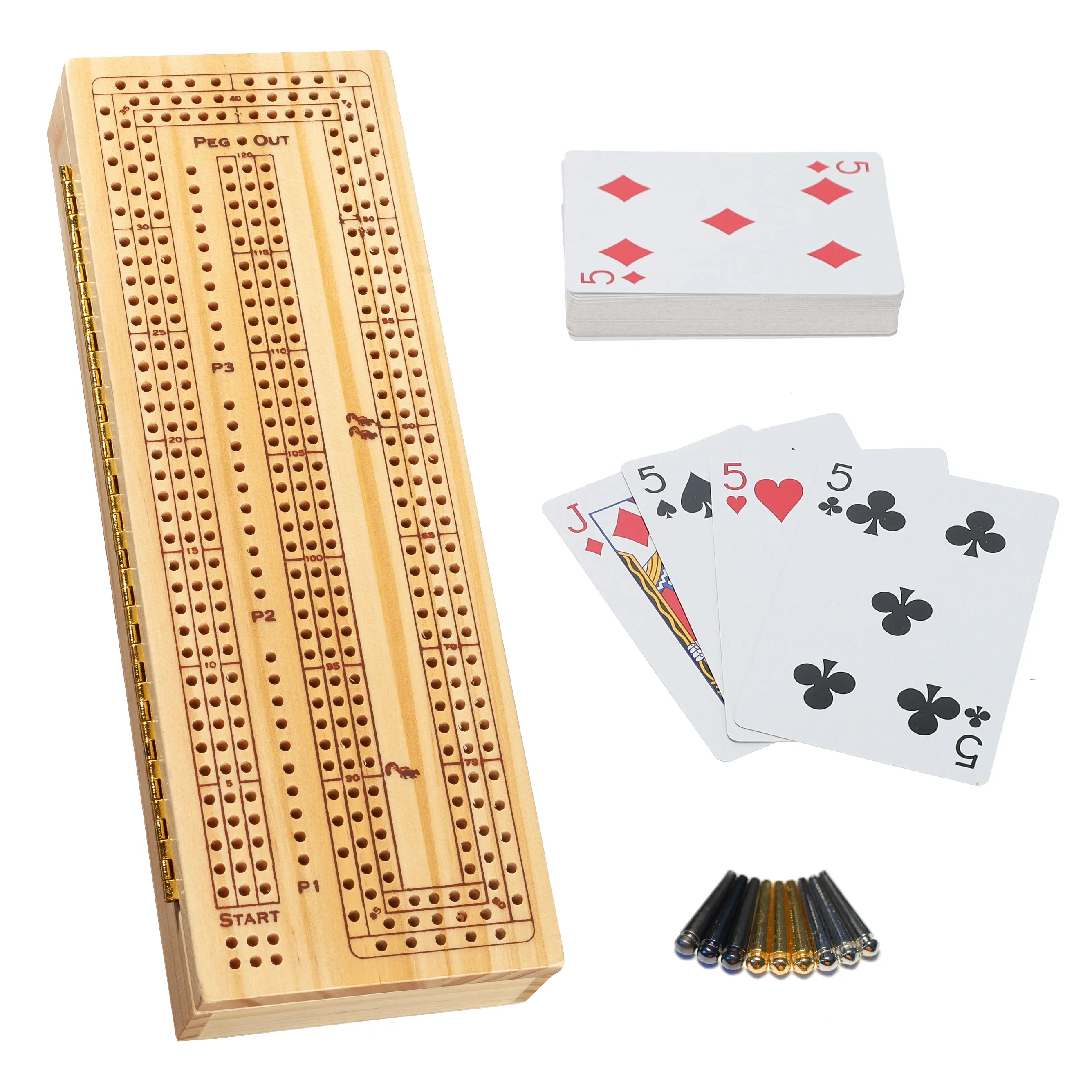 WE Games 3 Player Wooden Cribbage Set - Easy Grip Pegs and 2 Decks of Cards Inside of Board