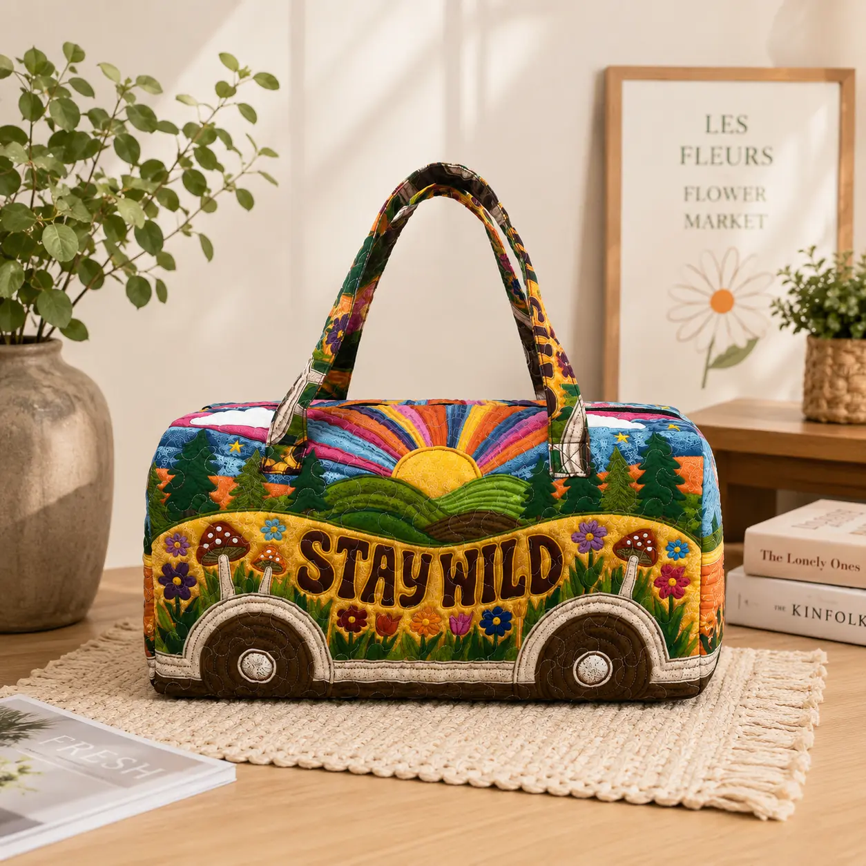 Unisex Boho Quilted Weekender Travel Bag - Lightweight, Comfortable, Hippie Design with Vibrant Floral Motif, Bus Design for Daily Carry, Casual Sports & Outdoor Gym Use, Synthetic