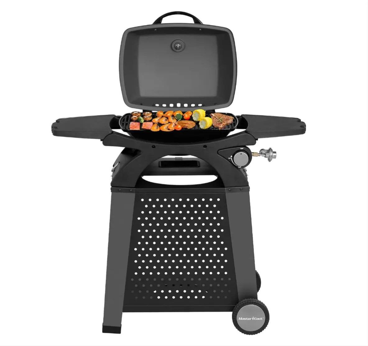 MASTER COOK Propane Gas Grill, Portable Tabletop Barbecue Grill with Cart for Patio, Camping, Travel, Taligating Party